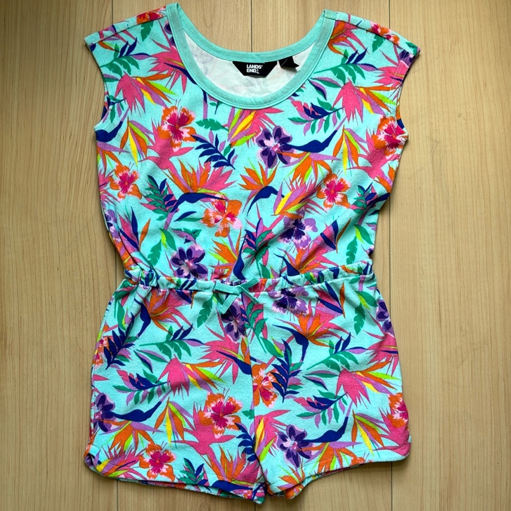 Land’s End Girls Swim Coverup Romper  Floral Terrycloth  Size Large 10/12